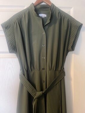 Calvin Klein Shirt Dress Womens 8 Olive Green Pinstripe Belted Midi Band Collar